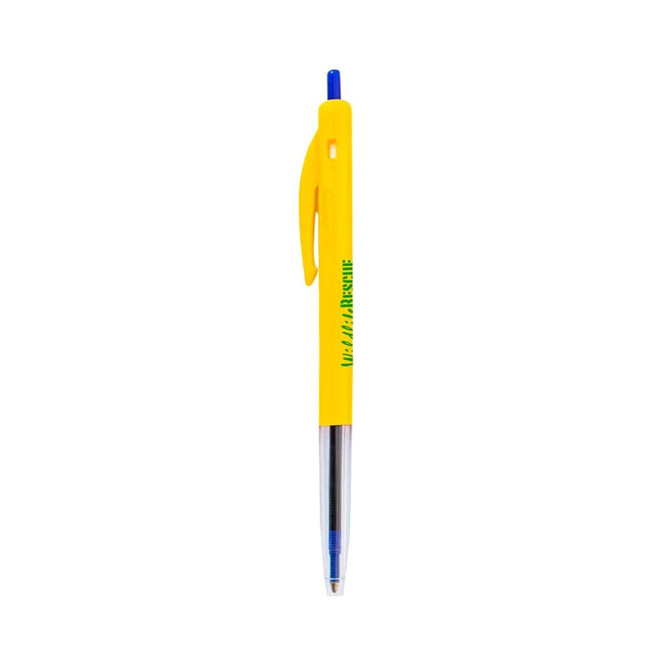 A yellow plastic pen with a blue ink refill and a clip. It features a logo on its body.