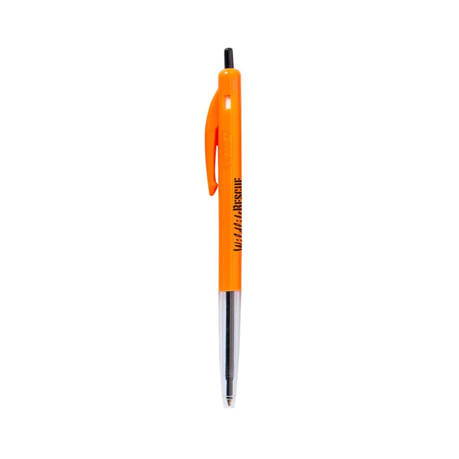 An orange plastic pen with a black tip and a clip, featuring branding on the barrel.