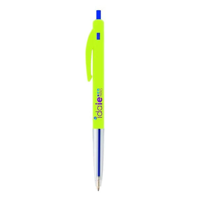 A bright green plastic pen with a click mechanism and a transparent barrel, featuring a branding logo.
