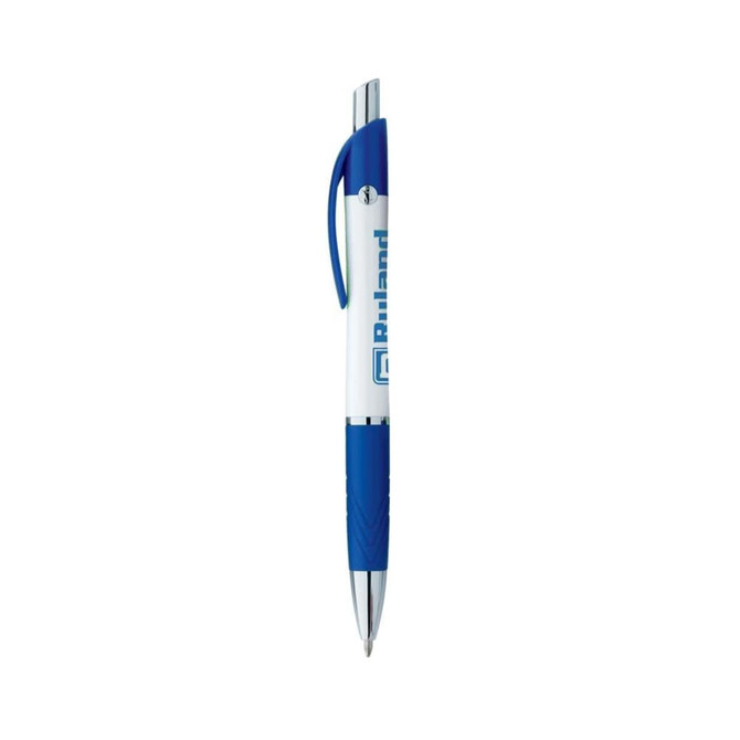 A blue and white custom pen with a logo, featuring a sleek design and a retractable ballpoint tip.