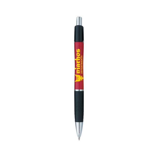 A red and black pen with a brand logo, featuring a sleek design and a smooth writing tip.