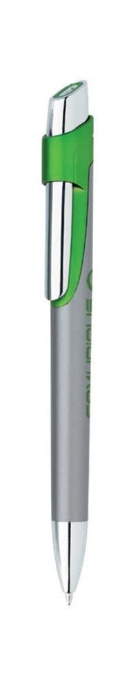 A metal pen in silver and green, featuring a sleek design and a clip. It has a small logo on the barrel.