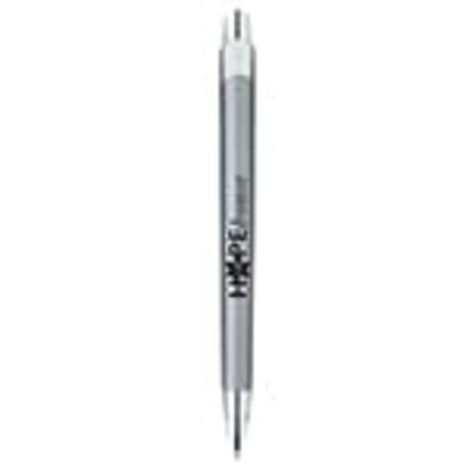 A sleek silver metal pen with a white tip and a logo. Ideal for personalised branding.