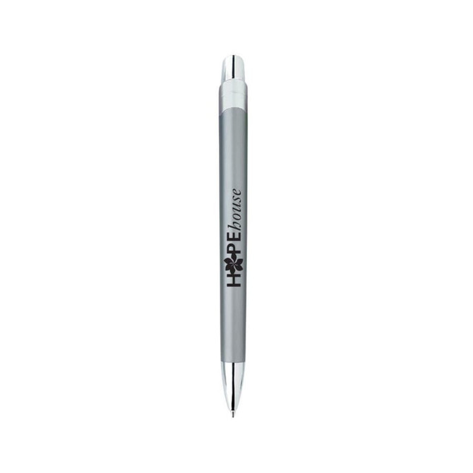 A sleek silver metal pen with a branding logo on the side, featuring a shiny chrome tip.