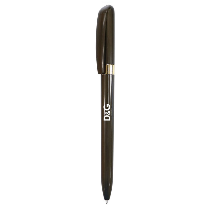 A green metal pen with a gold trim and a logo on the barrel.