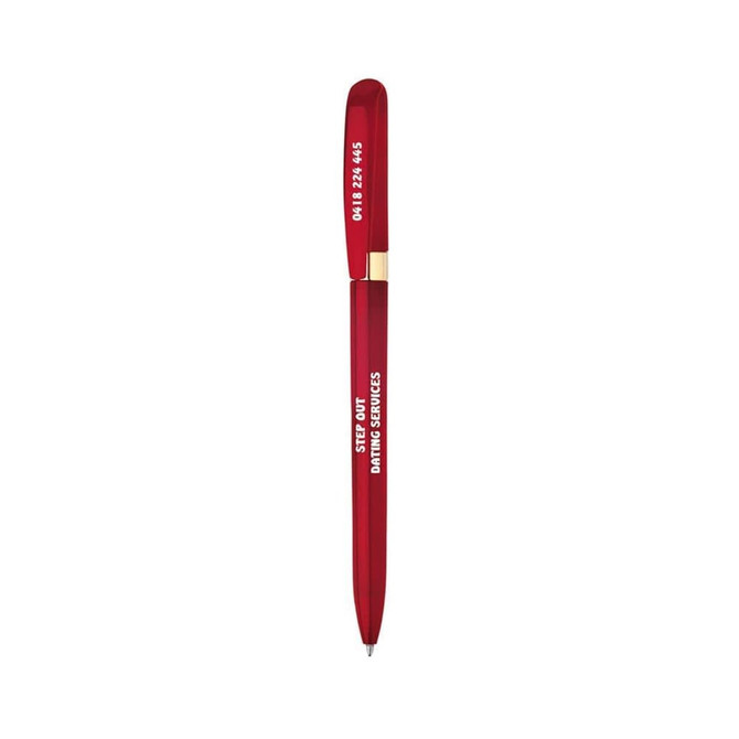 A red metal pen with a gold clip and branded text.