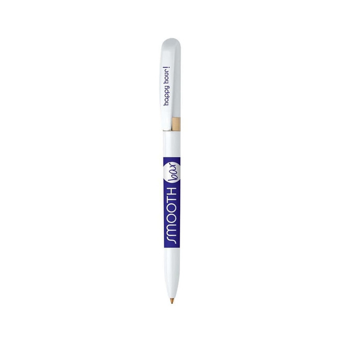 A white metal pen with a smooth finish and a branding logo on the side.