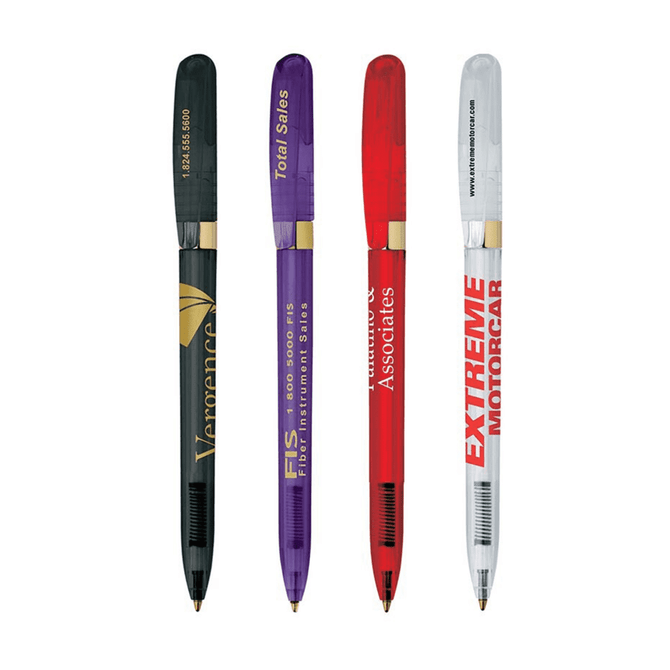 A collection of four metal pens in black, purple, red, and silver with various logos.