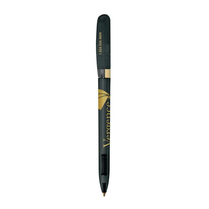 A dark green metal pen with a gold clip and branding.