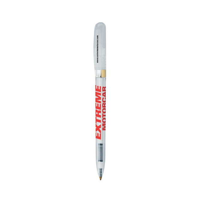 A clear metal pen with a gold tip and a transparent body, featuring a logo on the side.