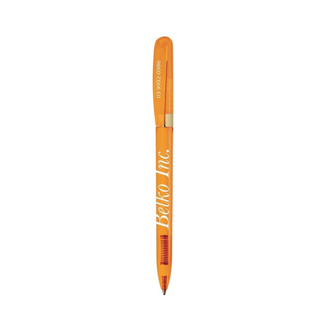 An orange metal pen with a silver clip and a branding logo on its side.