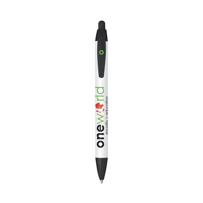 A white pen with black accents, featuring a branding logo along the barrel.