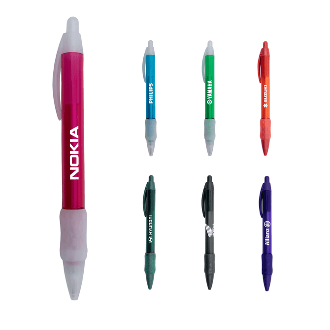 A collection of plastic pens in various colours, including pink, blue, green, orange, black, and purple, with branding.