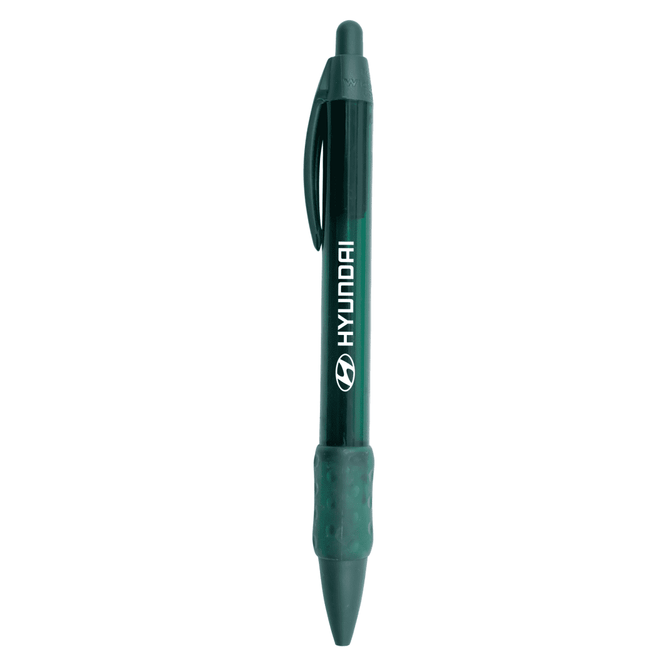 A green plastic pen with a textured grip and a logo on the barrel.