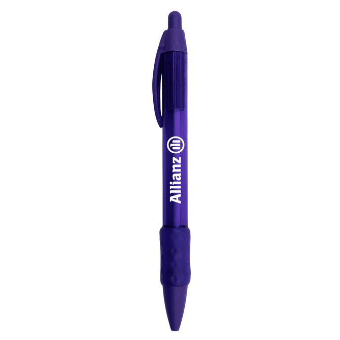 A purple plastic pen with a textured grip and a logo on the barrel.
