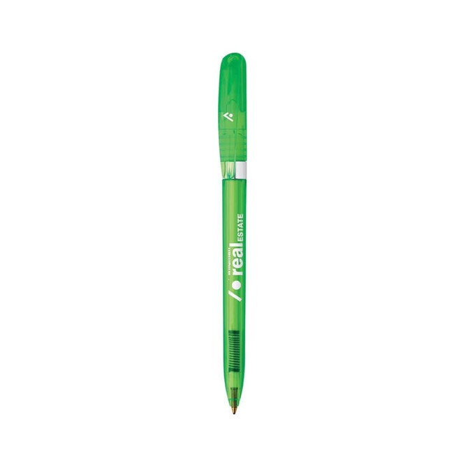 A green pen featuring a transparent barrel and click mechanism, with a logo on the side.