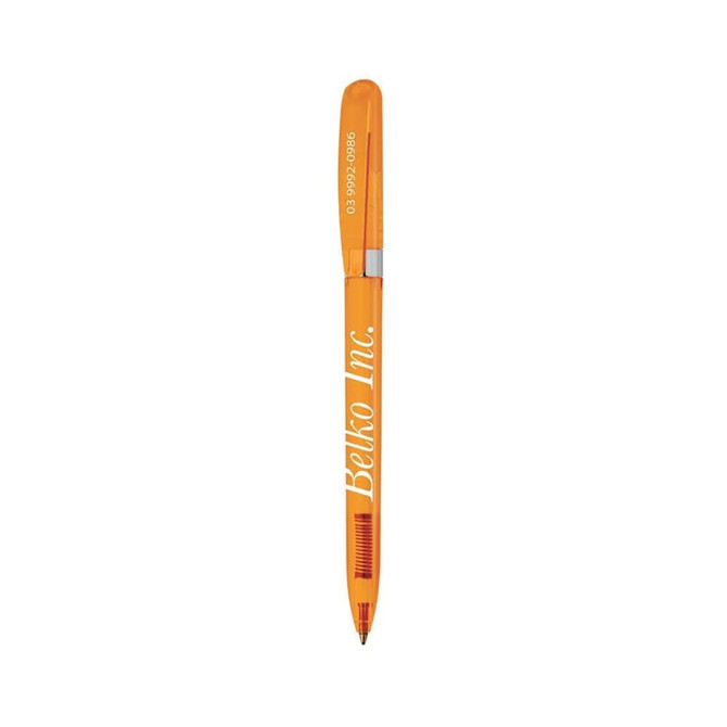 An orange metal pen with a silver clip and a logo printed on the body.