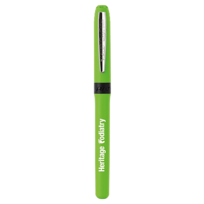 A green pen with a sleek design, featuring a metallic clip and a logo on the barrel.