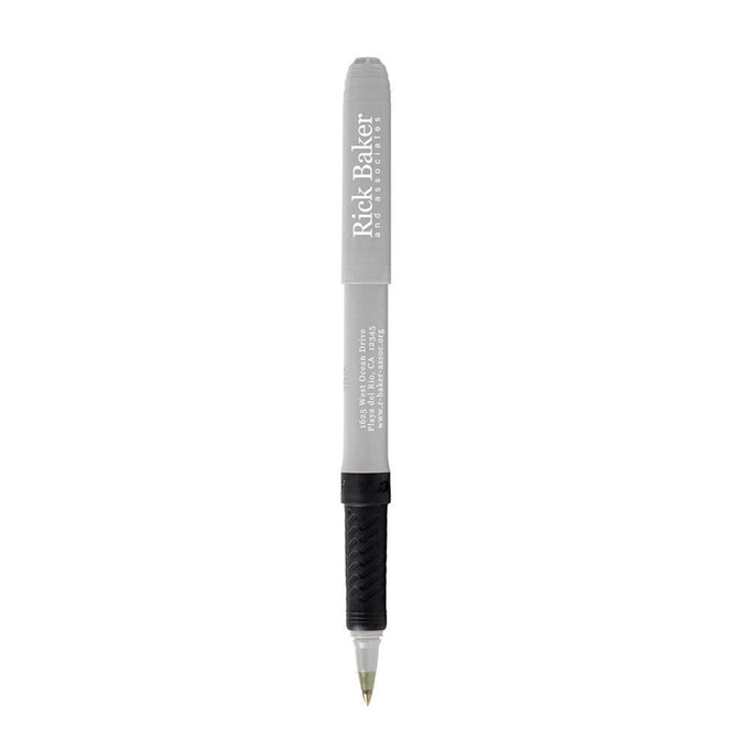 A grey pen with a textured black grip; features branding on the barrel.