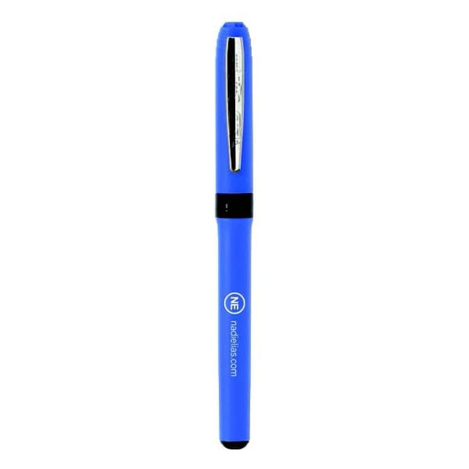 A blue roller pen with a sleek design and a black grip, featuring a logo on its body.