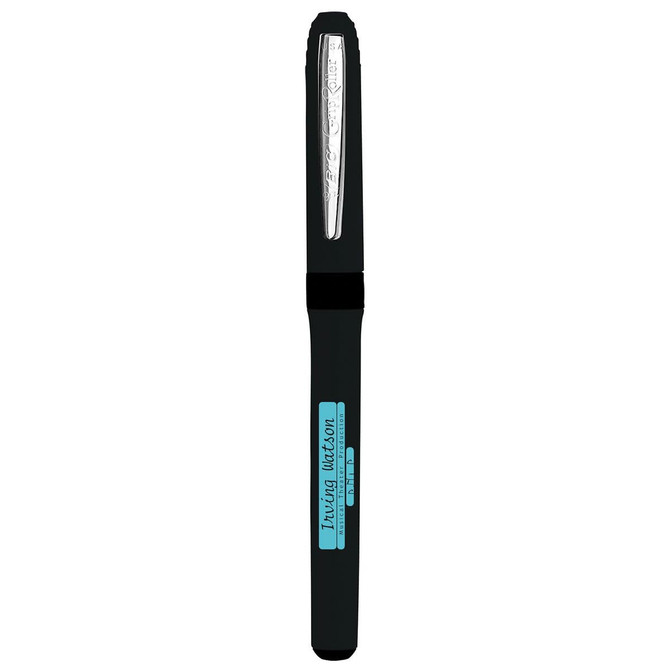 A sleek black pen with a textured grip and a clear lid, featuring a branding logo.