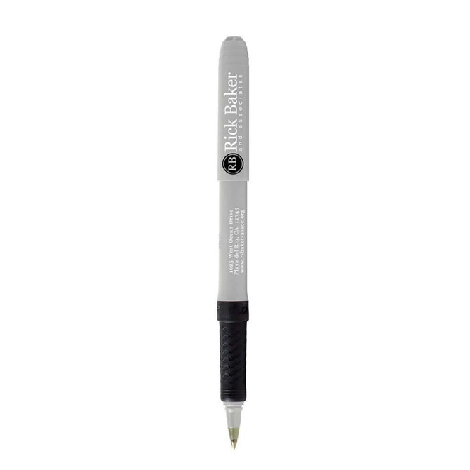 A grey and black pen with a textured grip and a branding logo. It is part of the writing category.