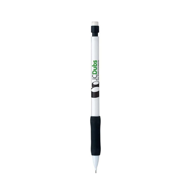 A grey-lead pencil with a white body, a black rubber grip, and a logo printed on it.