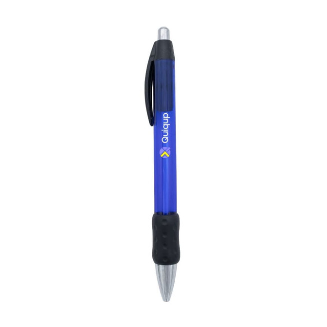 A blue metal pen with a chrome grip and a black rubberised section, featuring a logo.