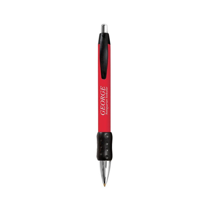 A red metal grip pen with a black rubber grip and a chrome clip, featuring a branding logo.