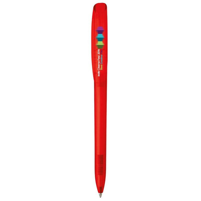 A red plastic pen with a clip and a logo on the side. The pen features a sleek, simple design.