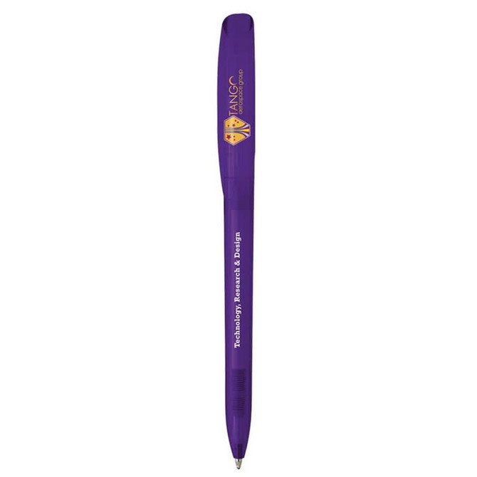 A purple Bic Super Clip pen featuring a logo and a comfortable grip.