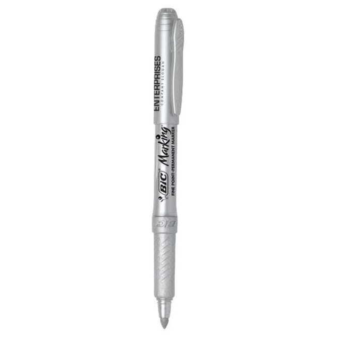 A metallic silver permanent marker with a textured grip and a cap, featuring a logo on the barrel.