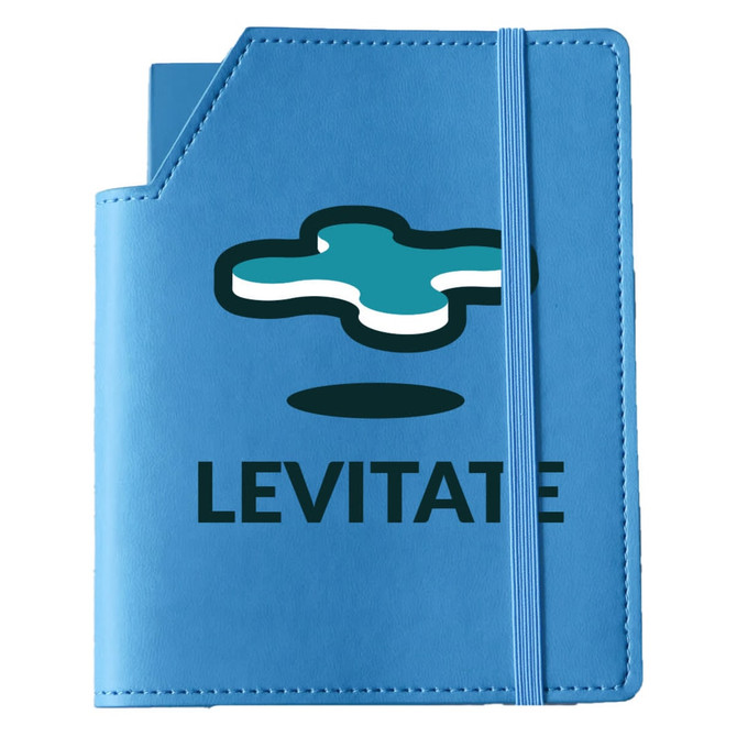 A blue leatherette small cover with a logo and a notebook inside, featuring an elastic band closure.