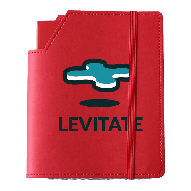 A red leatherette notebook with an elastic band and a pocket, featuring a logo and the word "LEVITATE".