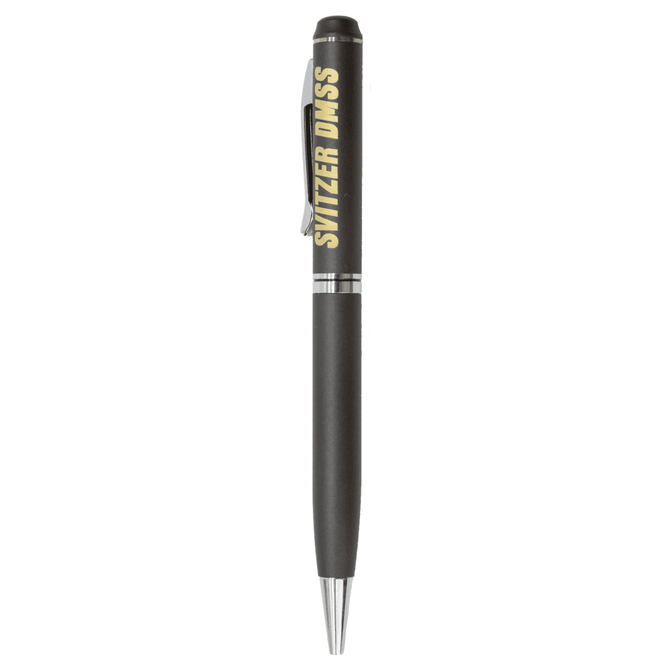 A metal twist pen in black with a silver clip and branding on the barrel.