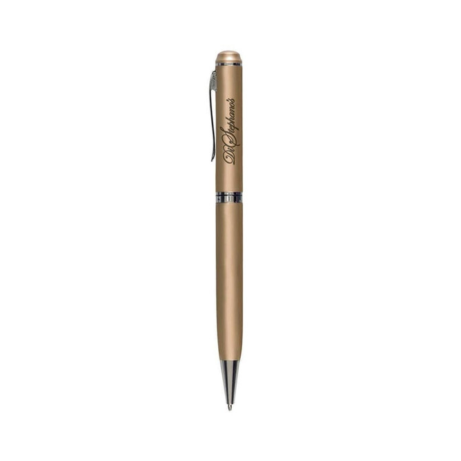 A gold metal twist pen featuring a sleek design and a clip, with a logo on its body.