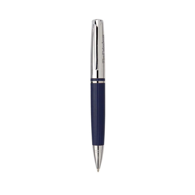 A navy blue stylus pen with chrome accents and a logo on the barrel.