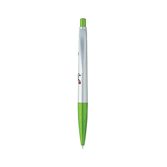 A plastic pen featuring a green grip and a silver barrel, with a branding logo on it.