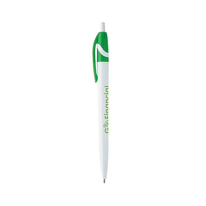 A plastic pen in white and green with a clip and a branding logo.