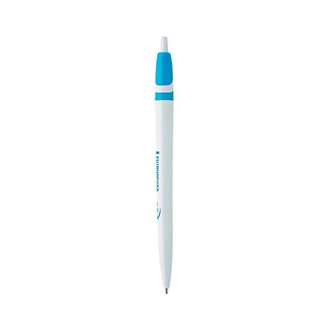 A white plastic pen with a blue top and a branding logo. It has a smooth, sleek design.