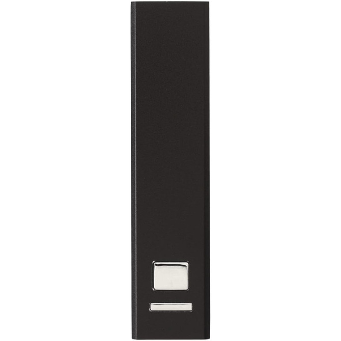 A sleek black power bank with a simple design, featuring a logo and button on the front.