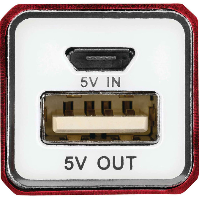 A red power bank with a USB input and output port, featuring a small logo.