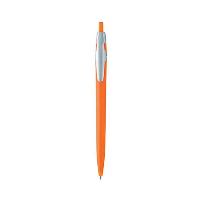 An orange plastic pen with a silver clip and a smooth design, featuring a logo on its barrel.