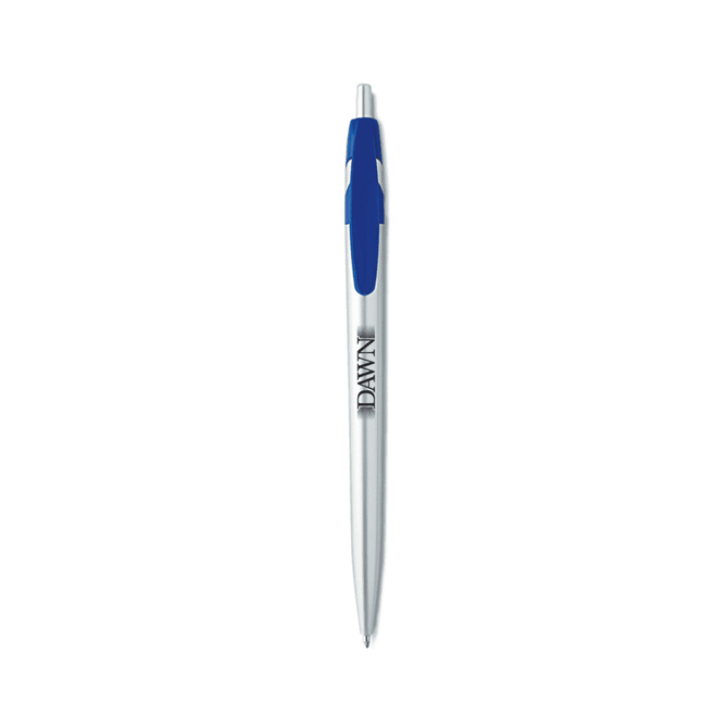 A metal pen in silver with a blue accent and a logo on the barrel.