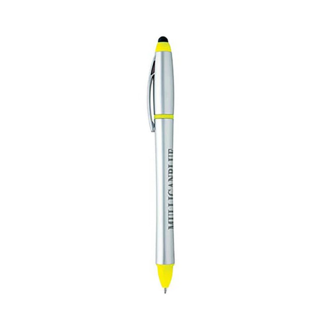 A silver stylus highlighter pen combo with yellow accents and a branding logo.