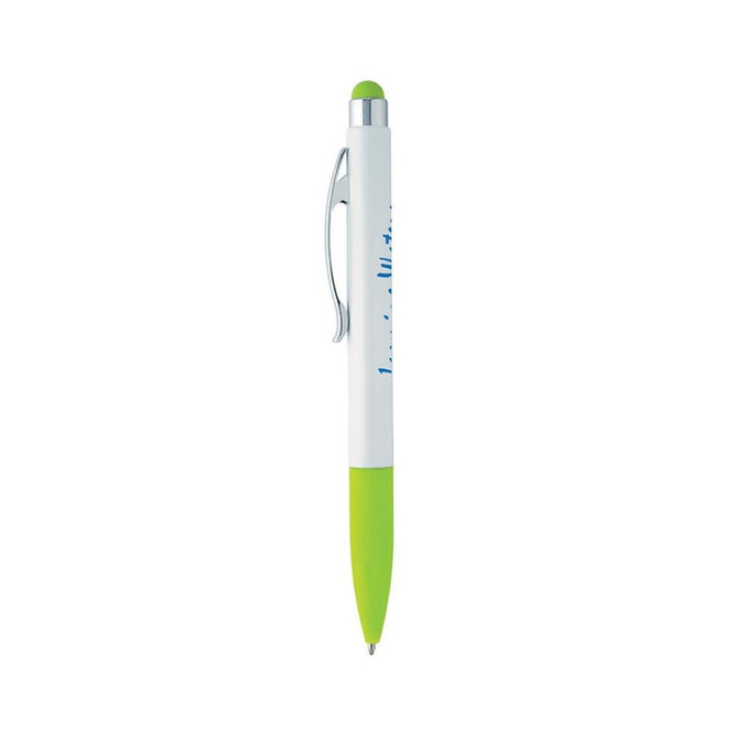 A stylus pen with a white barrel, green tip, and green stylus end, featuring a clip and a logo.