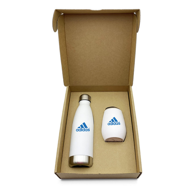 A drink bottle and a cup in a cardboard box, both featuring a logo, with the bottle in white and the cup in white with a metallic finish.