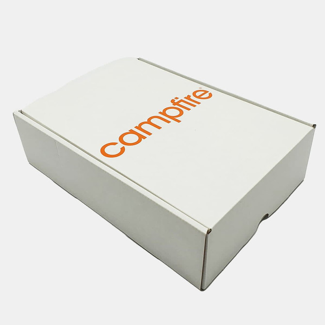 A white box with an orange logo, featuring a simple design suitable for packaging various products.