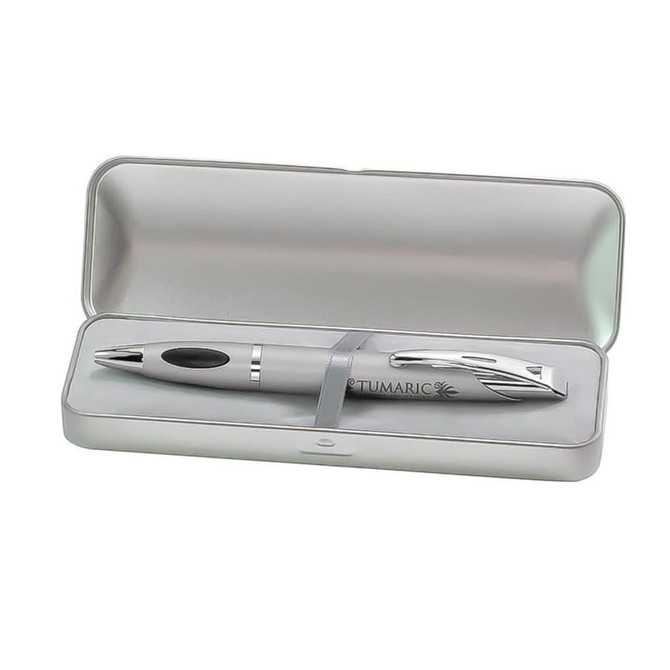 A silver brushed metal gift box containing a silver pen with a black grip. The box features a logo.