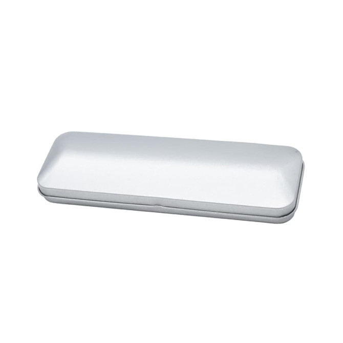 A brushed metal gift box in silver, ideal for packaging pens. It has a sleek, rectangular shape and a branded logo.